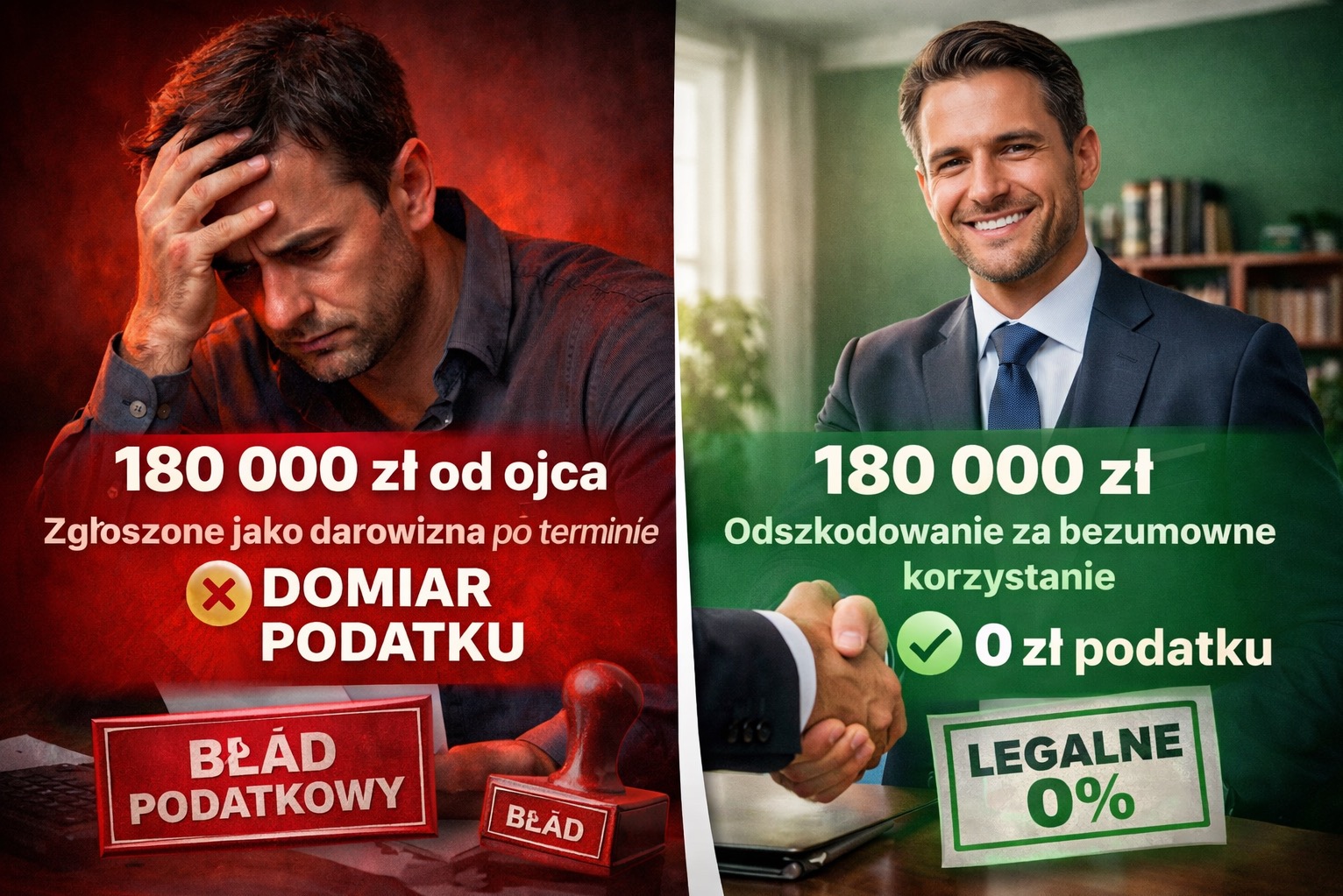 Porównanie: po lewej zmartwiony mężczyzna i stempel 'Błąd podatkowy', po prawej uśmiechnięty mężczyzna w garniturze i uścisk dłoni z napisem 'Legalne 0% podatku'.