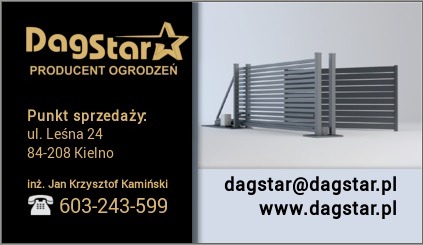 Nowoczesne ogrodzenie panelowe z poziomych profili, widoczne z boku, z automatyką bramową. Minimalistyczny design, szara kolorystyka, logo producenta DagStar.