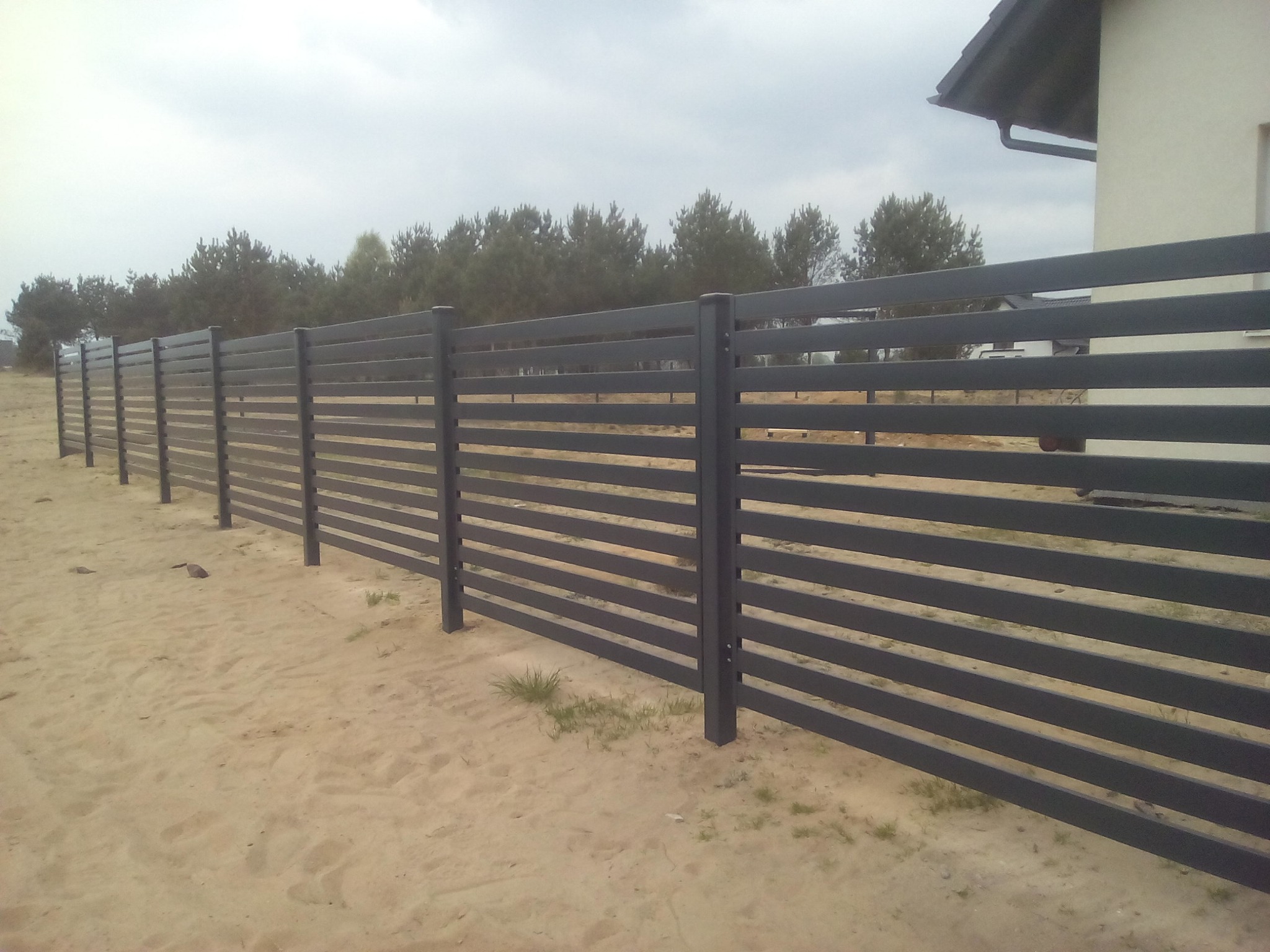 Nowoczesne, poziome ogrodzenie panelowe w kolorze grafitowym, otoczone piaszczystym terenem i zielenią. Widok na dom i drzewa w tle.