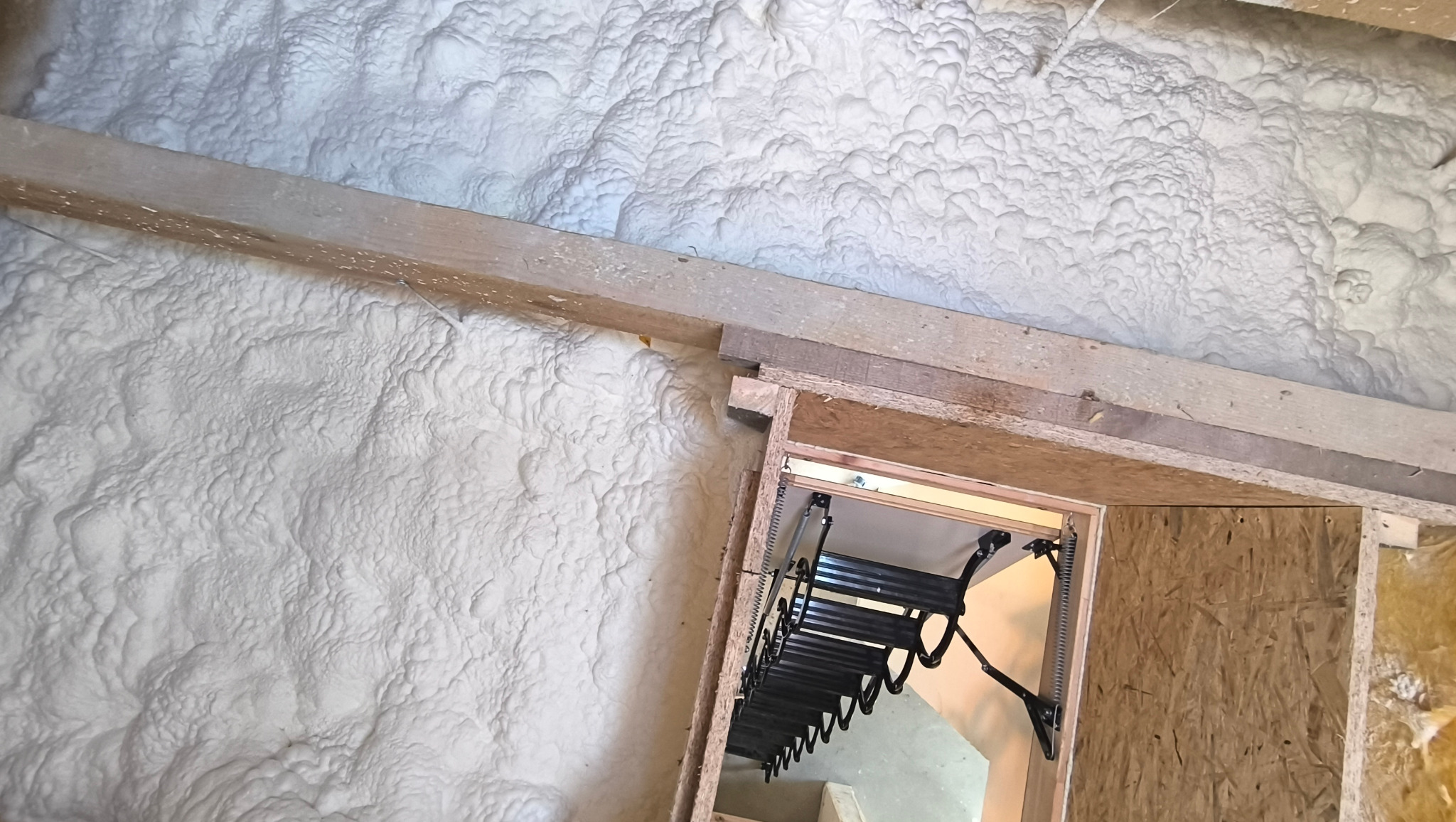 Poddasze po ociepleniu pianką PUR otwartokomórkową, widoczne drewniane elementy konstrukcyjne oraz schody strychowe w pozycji złożonej, ujęcie z dołu.