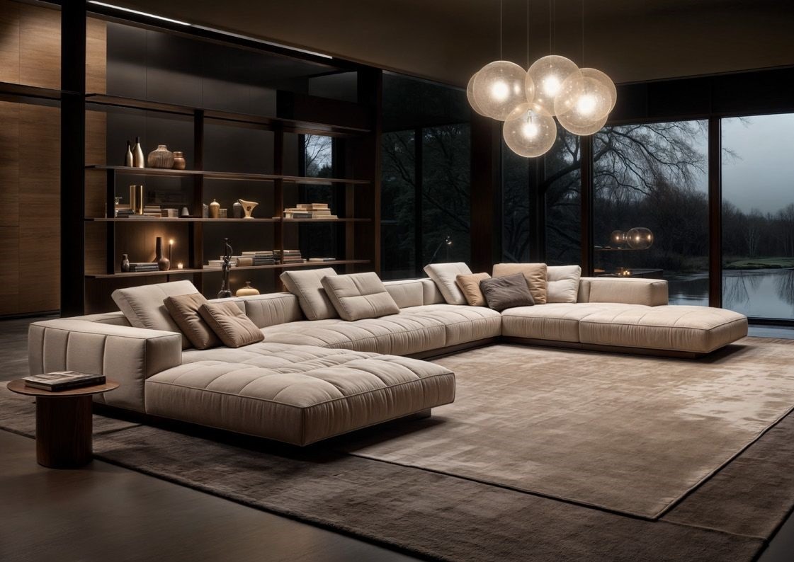 Nowoczesny salon z modułową sofą w beżowym odcieniu, oświetleniem kulistym i regałem z dekoracjami. Za oknem widok na jezioro i drzewa.