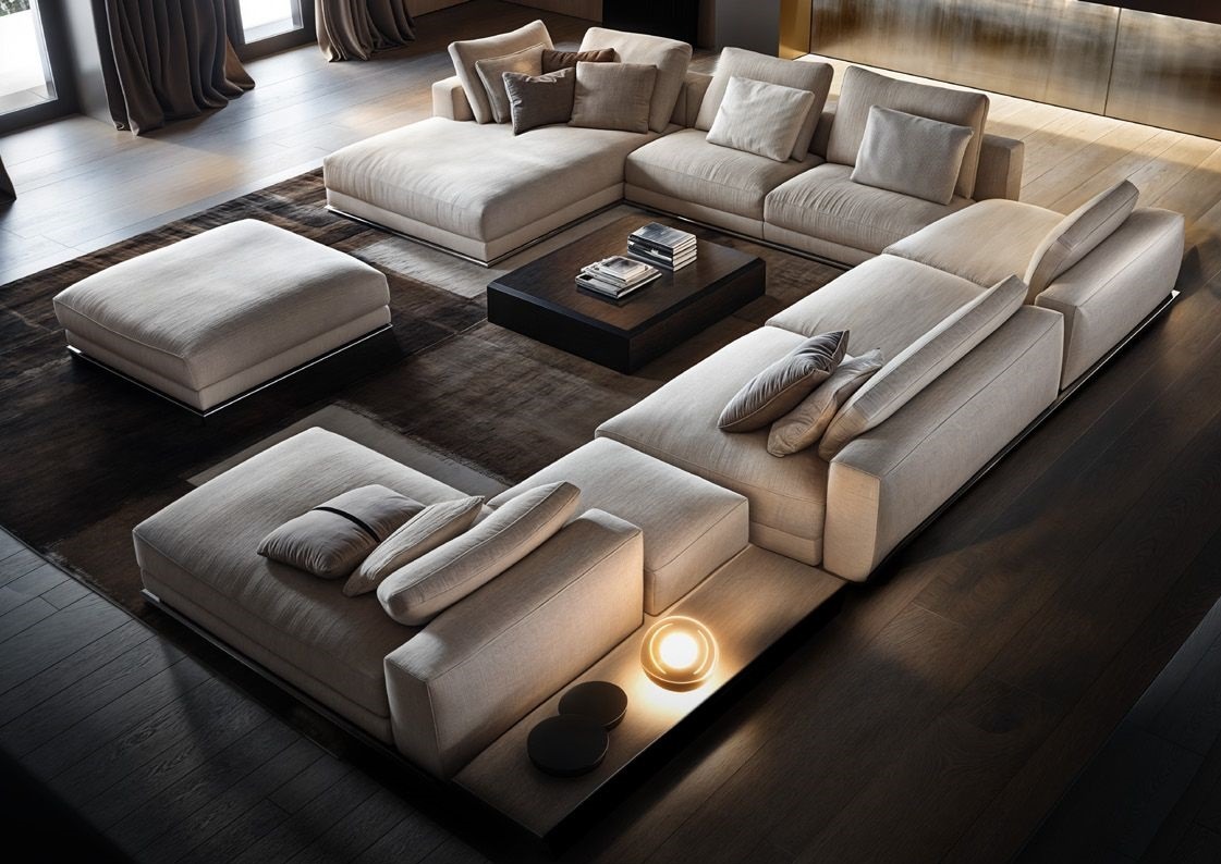 Jasna, modułowa sofa z licznymi poduszkami na ciemnym dywanie i drewnianej podłodze. Nowoczesny design, oświetlenie ambientowe, minimalistyczny stolik kawowy.