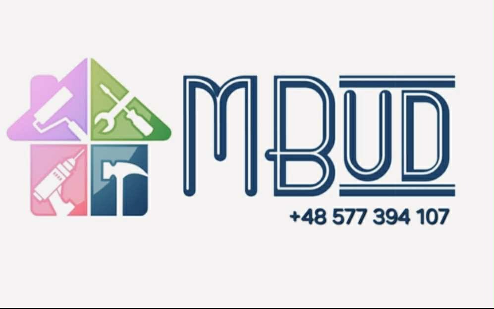 Graficzne logo firmy MBud z ikonami narzędzi budowlanych w kształcie domu i numerem telefonu na jasnym tle.