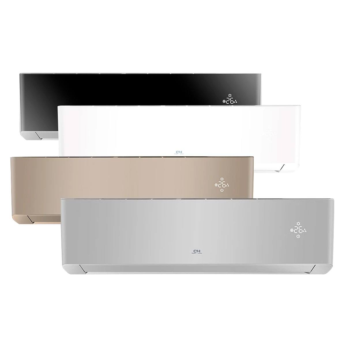 Klimatyzatory w czterech kolorach (czarny, biały, beżowy, szary) ustawione jeden nad drugim, prezentacja różnych wariantów kolorystycznych klimatyzacji.