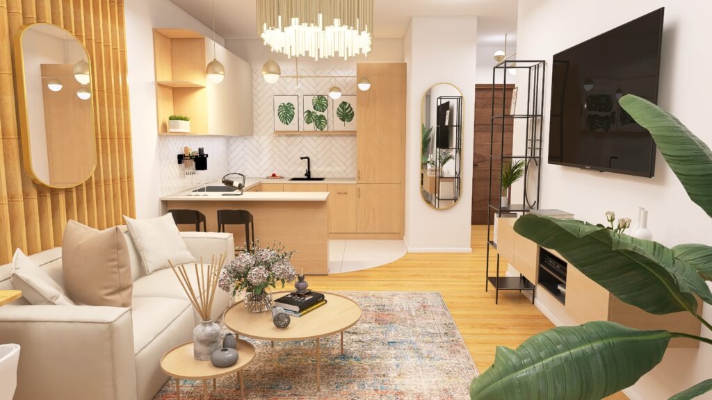 Wizualizacja wnętrza mieszkania z aneksem kuchennym. Jasne drewno, biała sofa, okrągłe stoliki kawowe i rośliny doniczkowe tworzą przytulną atmosferę.
