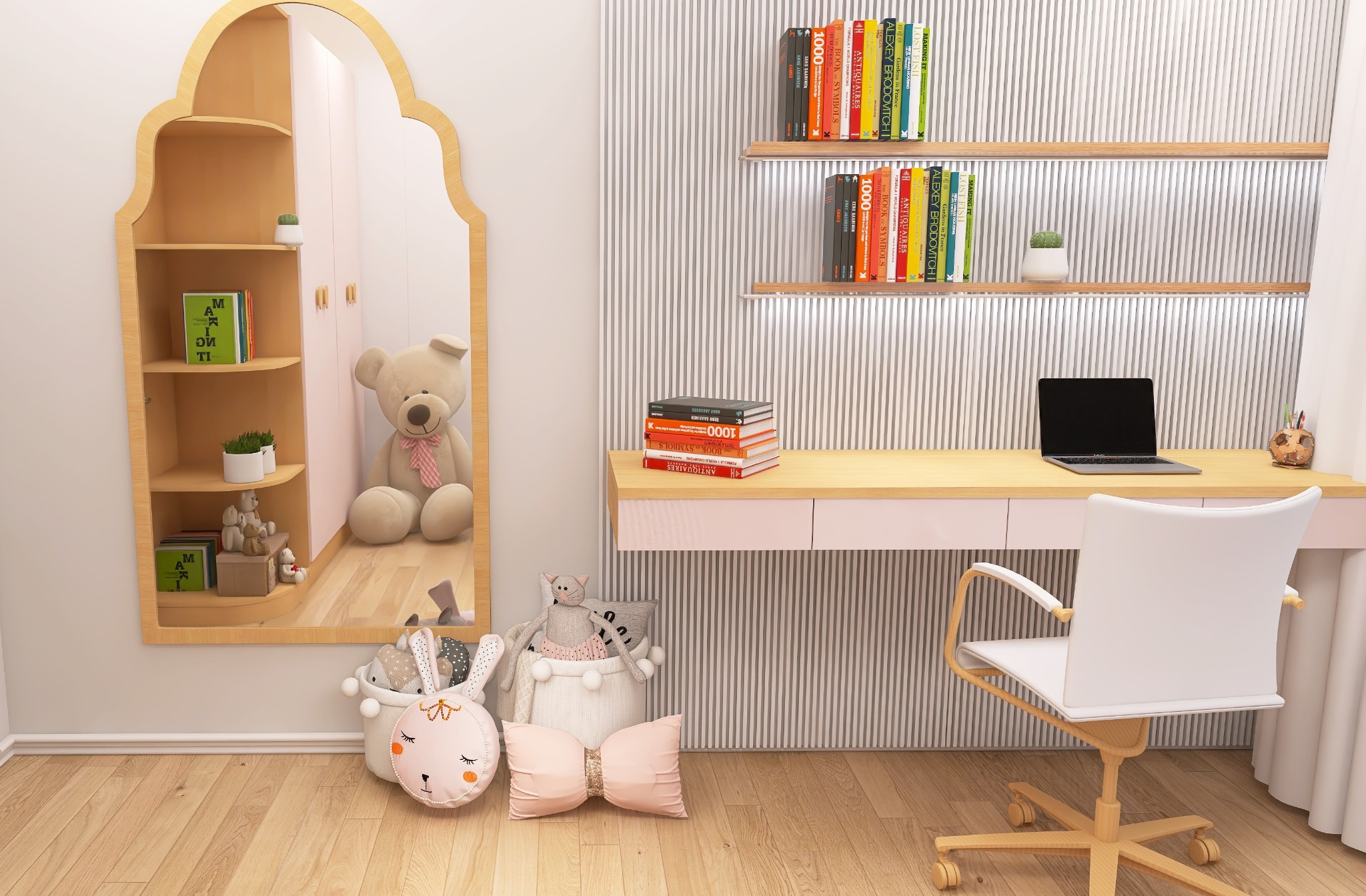 Pokój dziecięcy z biurkiem, krzesłem, półkami z książkami i lustrem w kształcie domku. Udekorowany pluszakami i pastelowymi kolorami. Nowoczesny design.