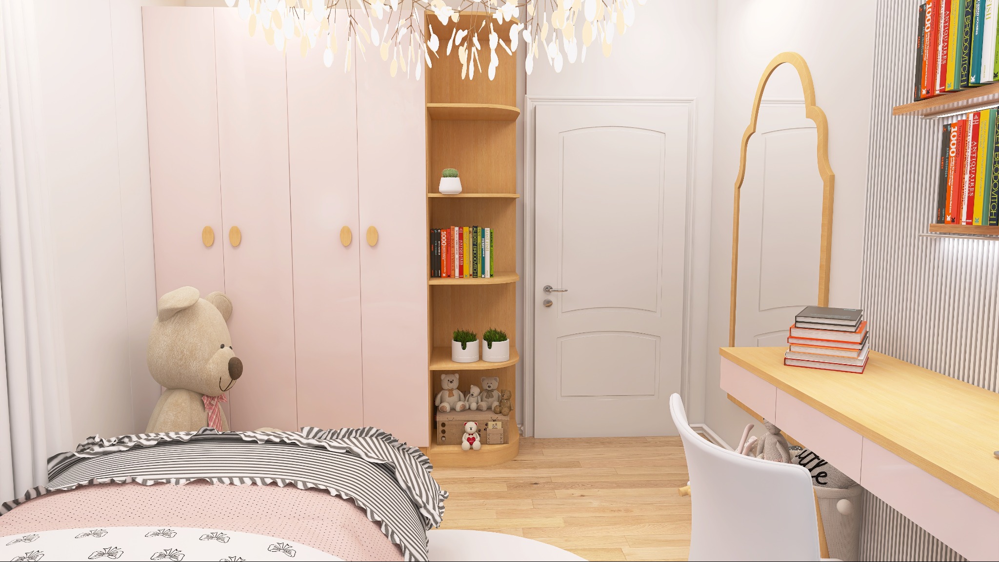 Jasny pokój dziecięcy z różową szafą, drewnianym regałem na książki, biurkiem z lustrem i pluszowym misiem na łóżku. Subtelne oświetlenie i drewniana podłoga.
