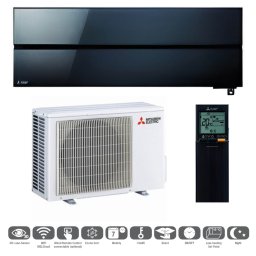 Stay Cool - Zestaw klimatyzacji Mitsubishi Electric: czarny panel ścienny, biała jednostka zewnętrzna i pilot. Nowoczesny design z ikonami funkcji.