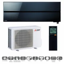 Zestaw klimatyzacji Mitsubishi Electric: czarny panel ścienny, biała jednostka zewnętrzna i pilot. Nowoczesny design z ikonami funkcji.