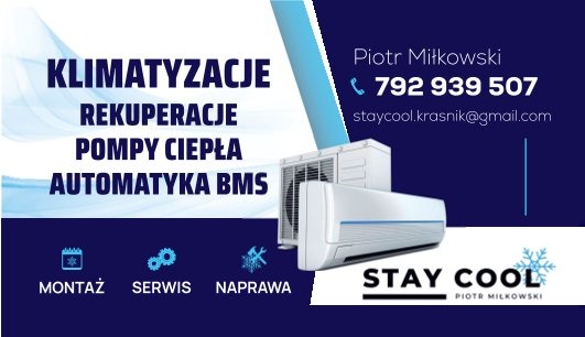 Grafika reklamowa firmy Stay Cool: klimatyzacja, rekuperacja, pompy ciepła, automatyka BMS. Montaż, serwis i naprawa. Kontakt: Piotr Miłkowski, 792 939 507.