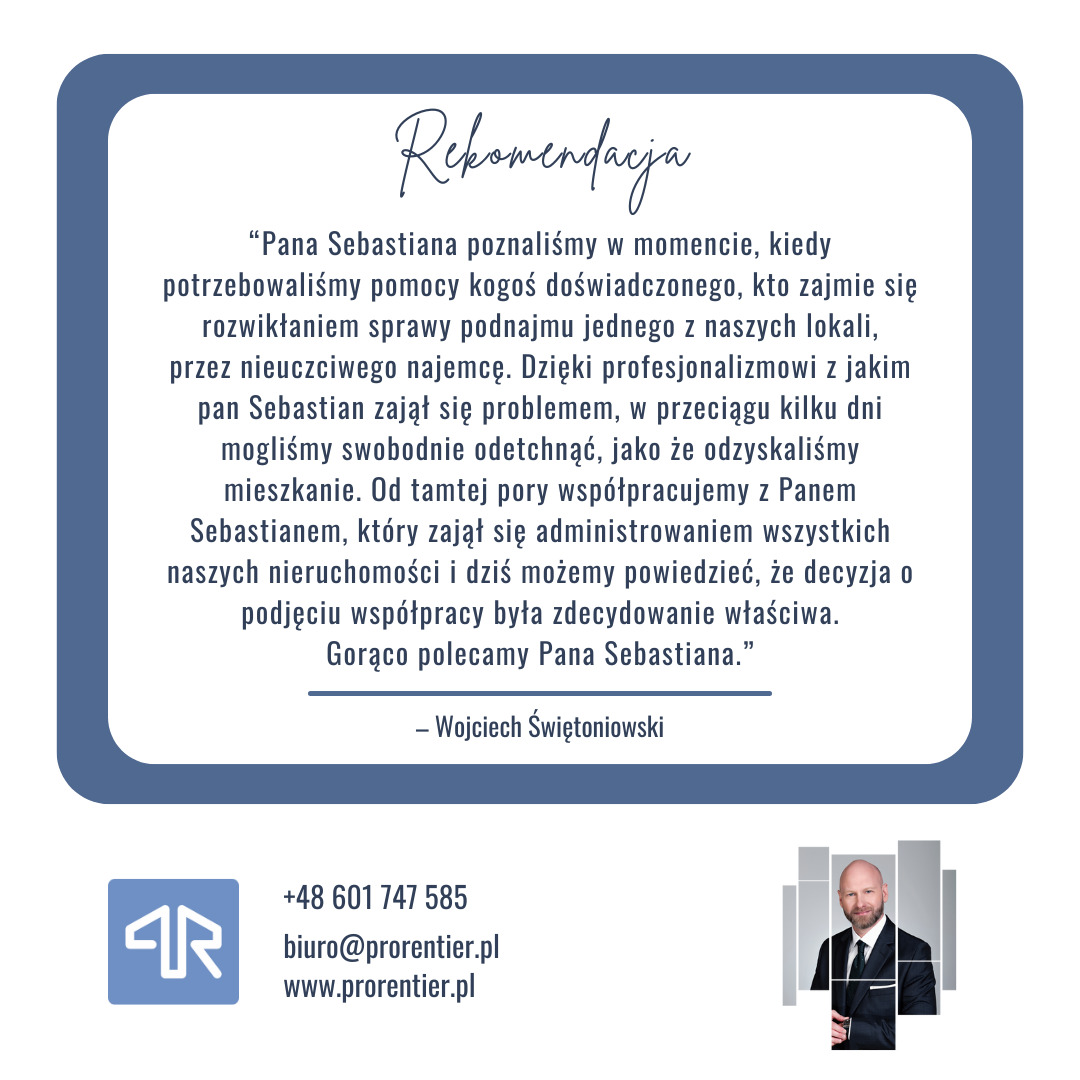 Grafika z referencjami dla agenta nieruchomości, z tekstem rekomendacji, numerem telefonu, adresem e-mail i zdjęciem portretowym agenta.