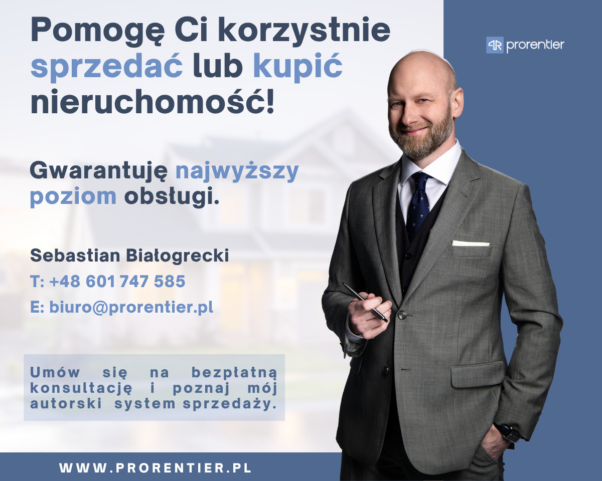 Mężczyzna w garniturze, Sebastian Białogrecki z Prorentier, oferuje pomoc w sprzedaży i kupnie nieruchomości. Gwarancja najwyższego poziomu obsługi, bezpłatna konsultacja.