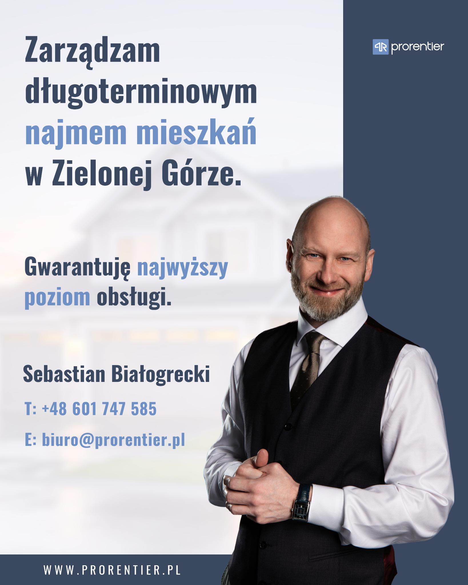 Sebastian Białogrecki z Prorentier, zarządzający najmem długoterminowym w Zielonej Górze, gwarantuje najwyższy poziom obsługi. Kontakt: T: +48 601 747 585.