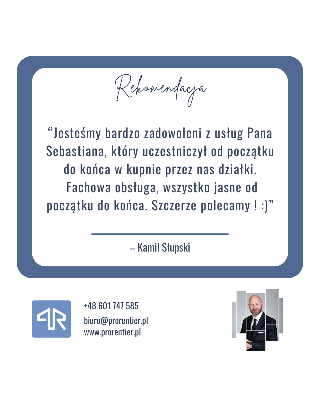 Grafika z rekomendacją usług agencji nieruchomości, zawierająca pozytywną opinię klienta o zakupie działki, dane kontaktowe i wizerunek pracownika.
