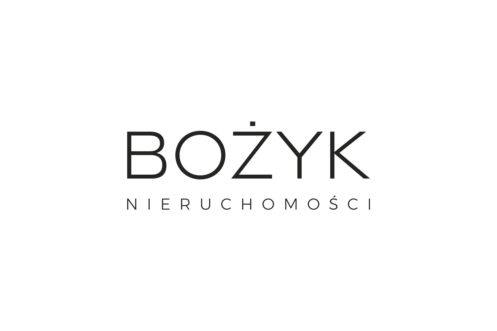 Minimalistyczne logo firmy Bożyk Nieruchomości w czerni na białym tle, z charakterystyczną kropką nad 'Ż'. Elegancki, nowoczesny design.