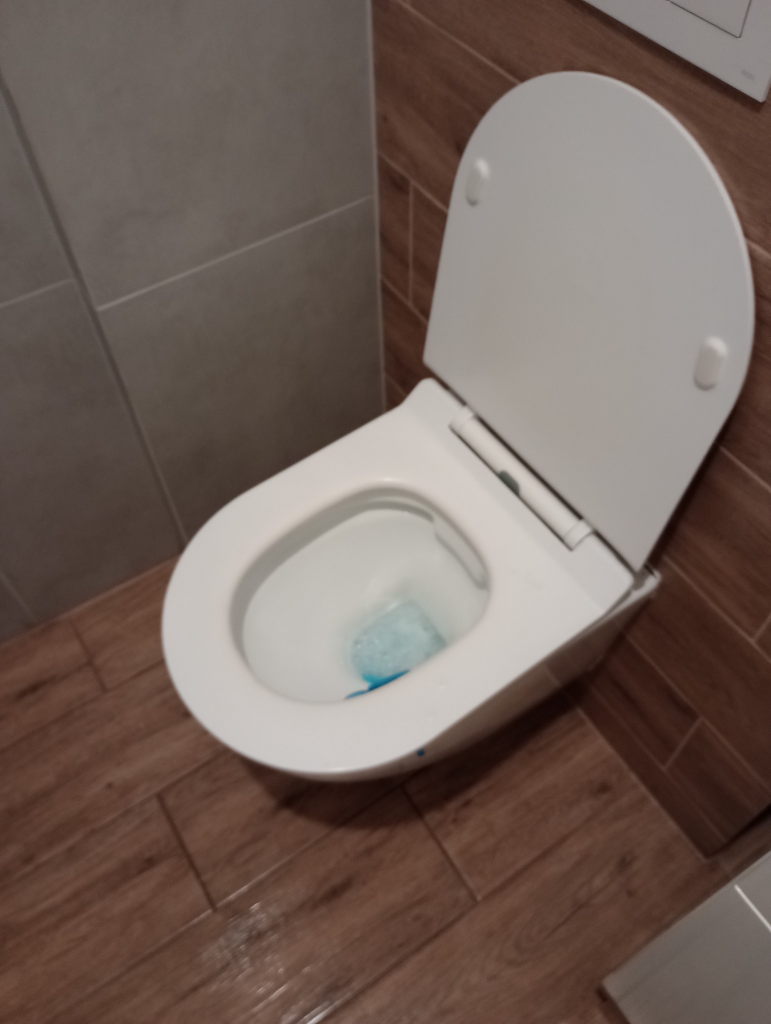 Czysta, biała toaleta z otwartą klapą, po sprzątaniu. Widoczne wnętrze muszli z niebieską kostką odświeżającą. Płytki na ścianie i podłodze.