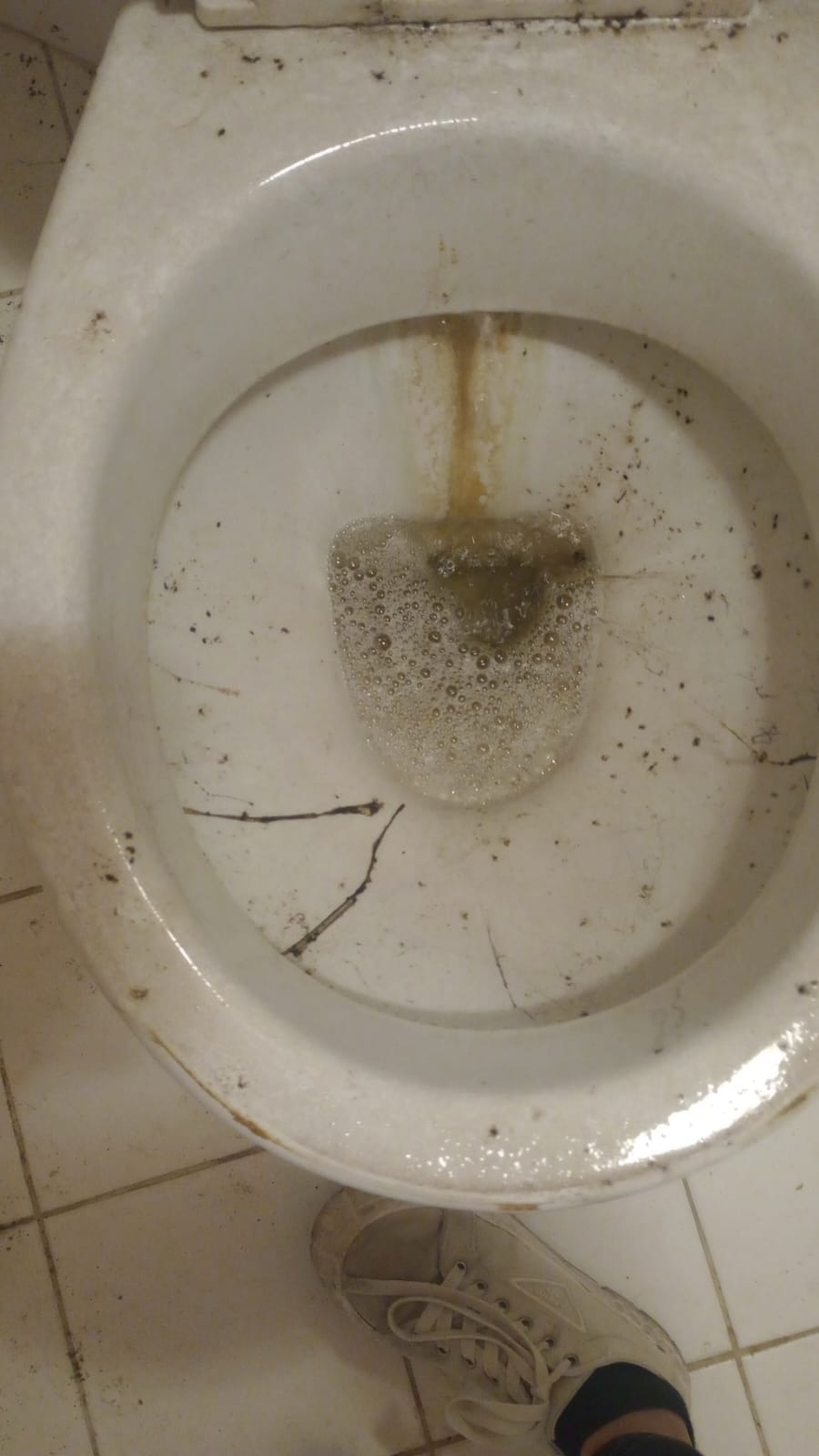 Zaniedbana toaleta z osadami i pęknięciami, wypełniona wodą z detergentem. Widoczny fragment białego buta na brudnej, kwadratowej podłodze.