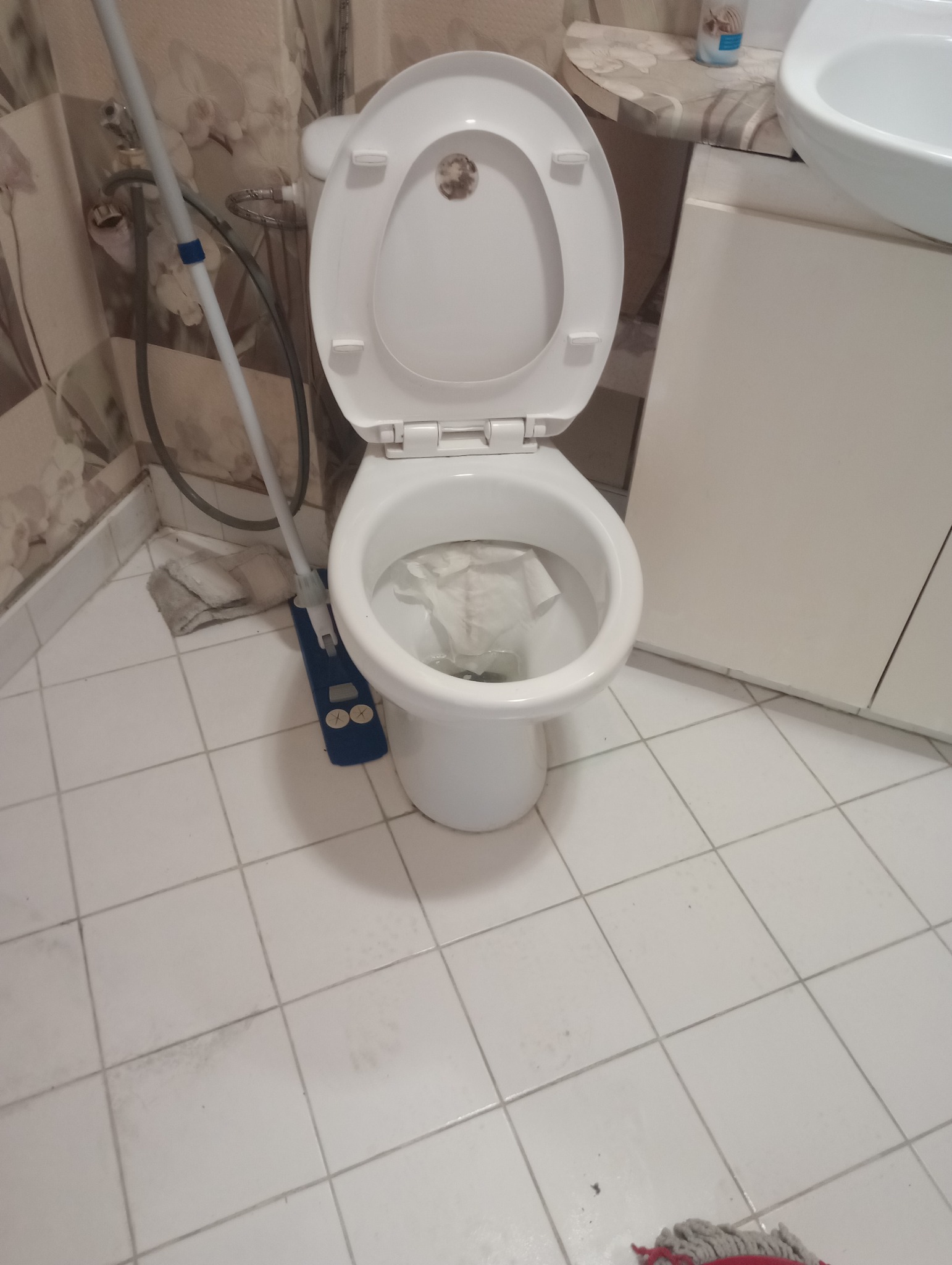 Otwarta muszla klozetowa z papierem w środku, mop oparty o ścianę, brudne fugi na białych płytkach. Widok na łazienkę przed sprzątaniem.