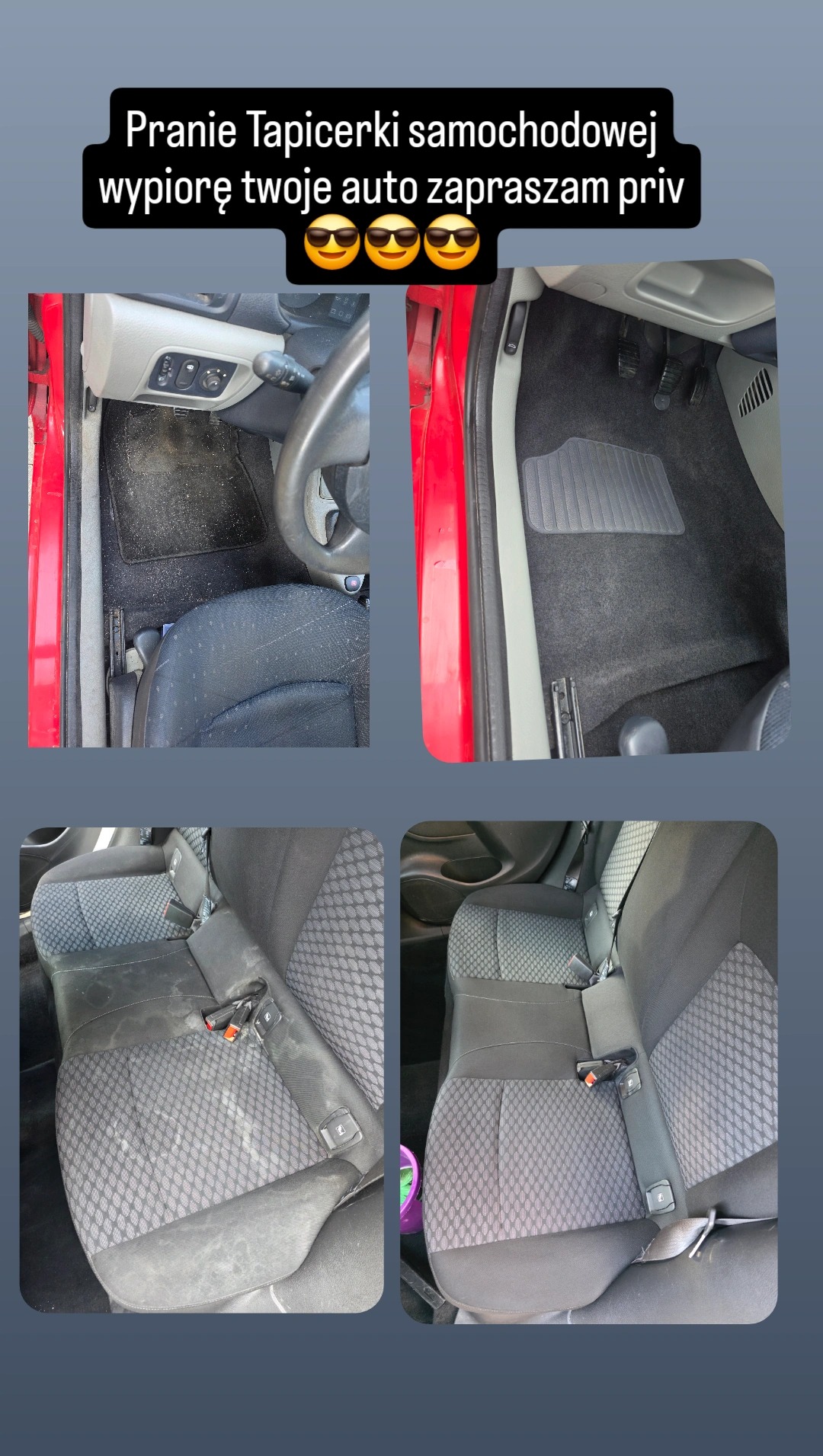 Pranie tapicerki samochodowej: dywaniki i tylna kanapa przed i po czyszczeniu. Widoczne plamy i zabrudzenia usunięte, odświeżony wygląd wnętrza auta.