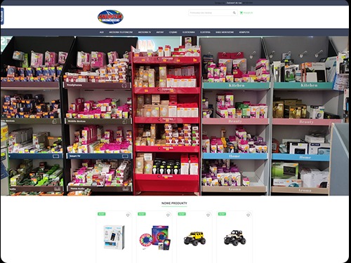 Widok strony internetowej sklepu z elektroniką Androtin.eu, prezentujący asortyment na półkach: słuchawki, smart TV, akcesoria kuchenne, kosmetyki i artykuły do domu.