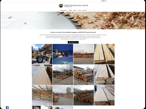 Zrzut ekranu strony internetowej Drew-Tar.pl, prezentujący galerię zdjęć tartaku z drewnem, maszynami i gotowymi produktami. Widoczny fragment strony głównej z logo i menu.