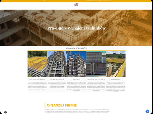 Strona internetowa firmy Pro-Bud z ofertą wynajmu szalunków. Na stronie widoczne zdjęcia szalunków stropowych, ściennych i rusztowań na tle budowy.
