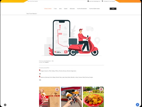 Ilustracja strony internetowej z motywem dostawy jedzenia: skuter z dostawcą i mapa w telefonie. Minimalistyczny design, jasne tło, widoczne menu i adresy dostaw.