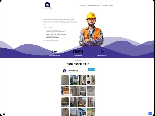 Strona internetowa firmy Renovation4You.pl z uśmiechniętym pracownikiem w kasku i ofertą wykończenia wnętrz oraz odnośnikiem do profilu na Instagramie.