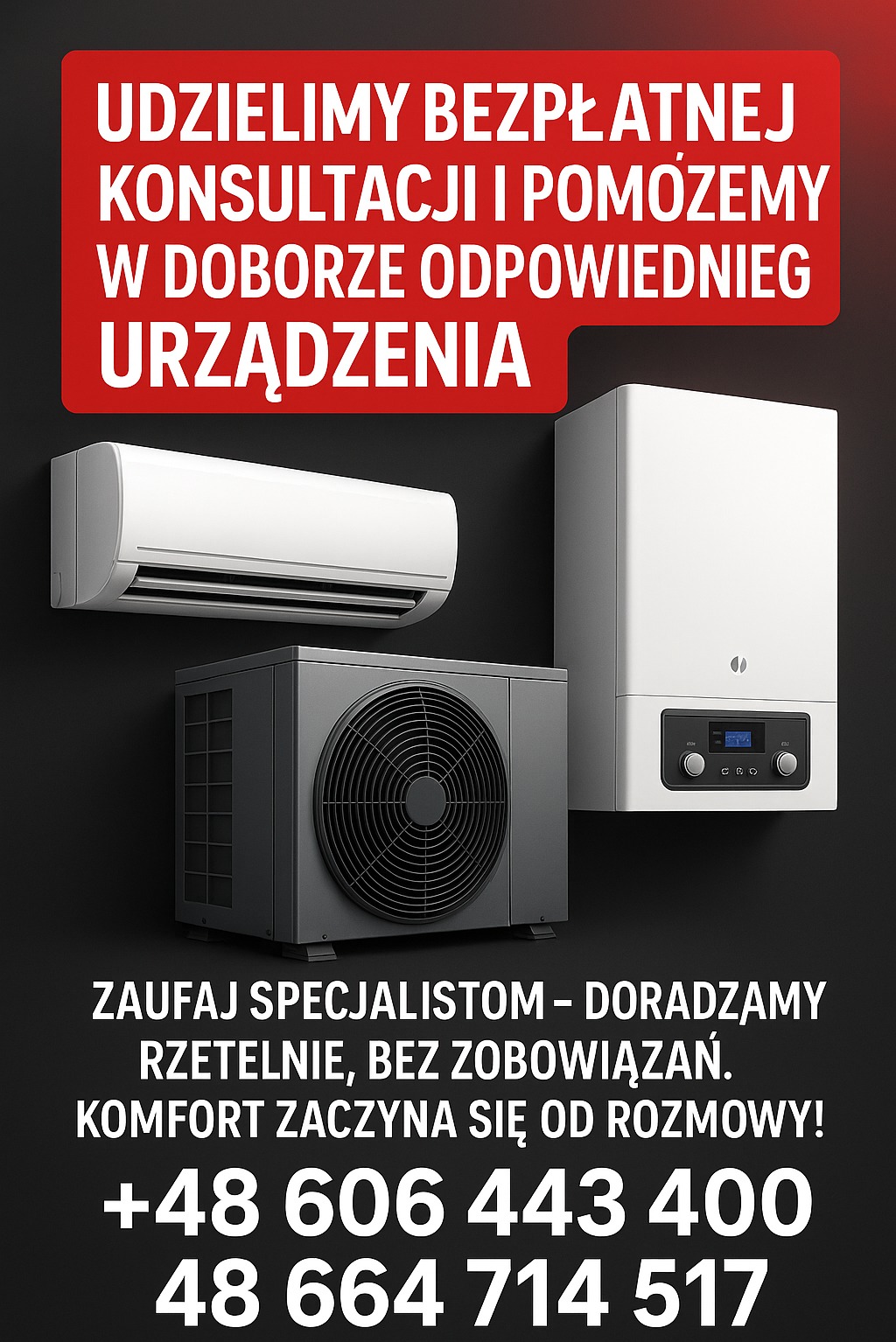 Klimatyzator, pompa ciepła i piec gazowy na czarnym tle z czerwonym napisem o darmowej konsultacji i numerami telefonów. Urządzenia w neutralnych barwach.