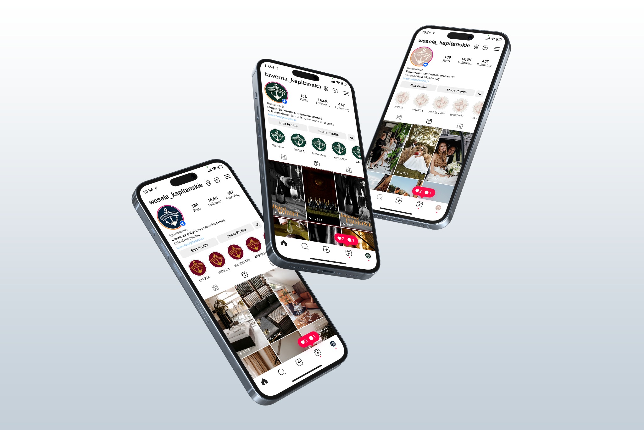 Ekrany trzech smartfonów prezentują profile firmowe 'wesela_kapitanskie' i 'tawerna_kapitanska' na Instagramie, ukazując różnorodność oferty i estetykę wizualną.