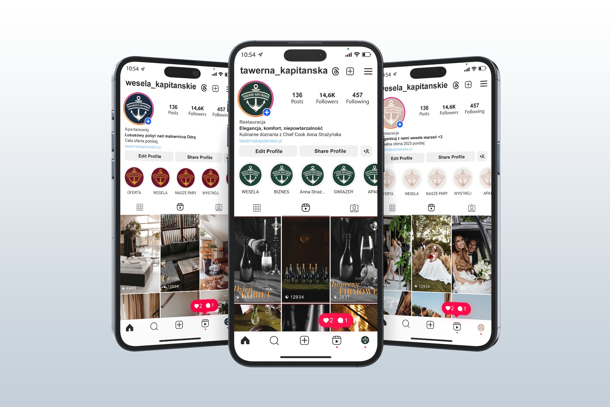 Ekrany trzech smartfonów z profilami Instagram 'wesela_kapitanskie' i 'tawerna_kapitanska'. Widoczne posty, relacje i informacje o profilach restauracji i apartamentów.