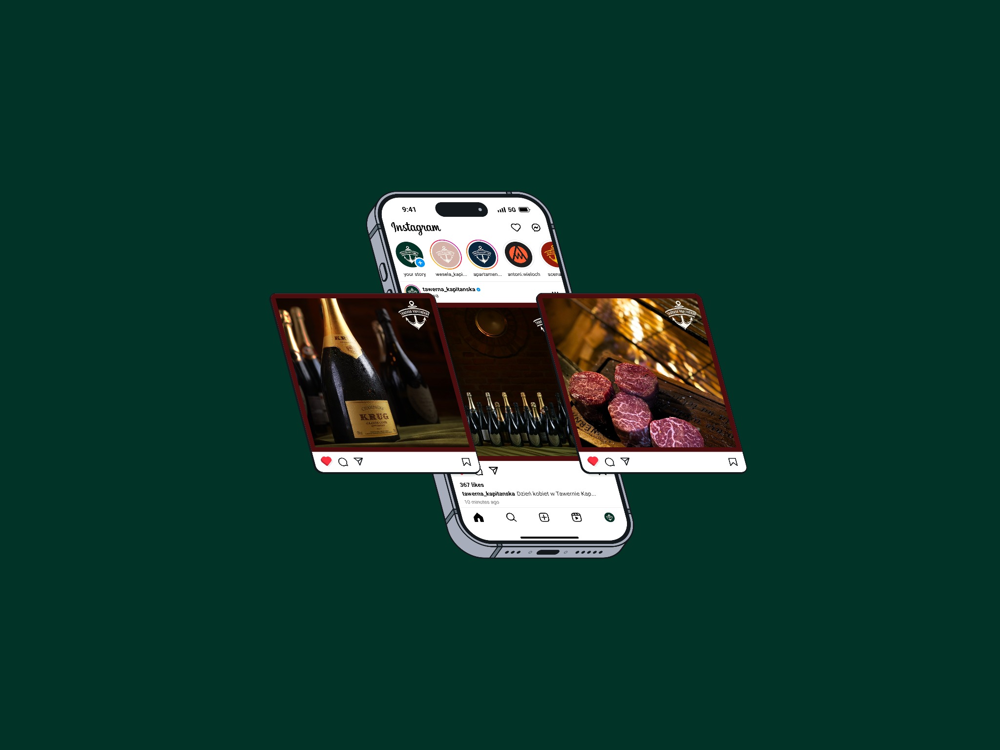Ekran smartfona prezentuje karuzelę postów z Instagrama tawerny, oferującej szampana Krug i steki. Widoczne logo tawerny z motywem kotwicy.