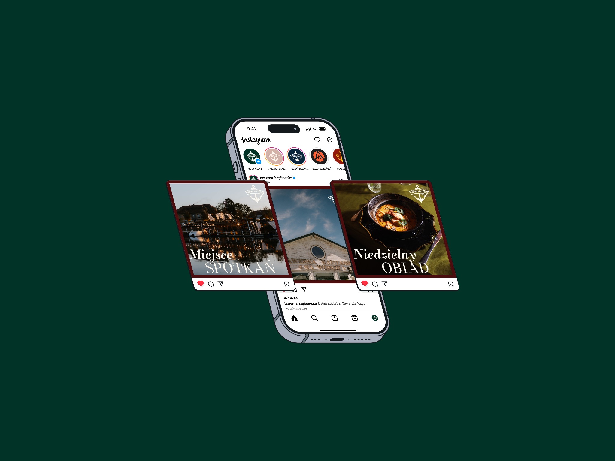 Telefon z aplikacją Instagram prezentujący profil Tawerny Kapitańskiej z postami: widok budynku, błękitne niebo i zupa. Prezentacja oferty restauracji w mediach społecznościowych.