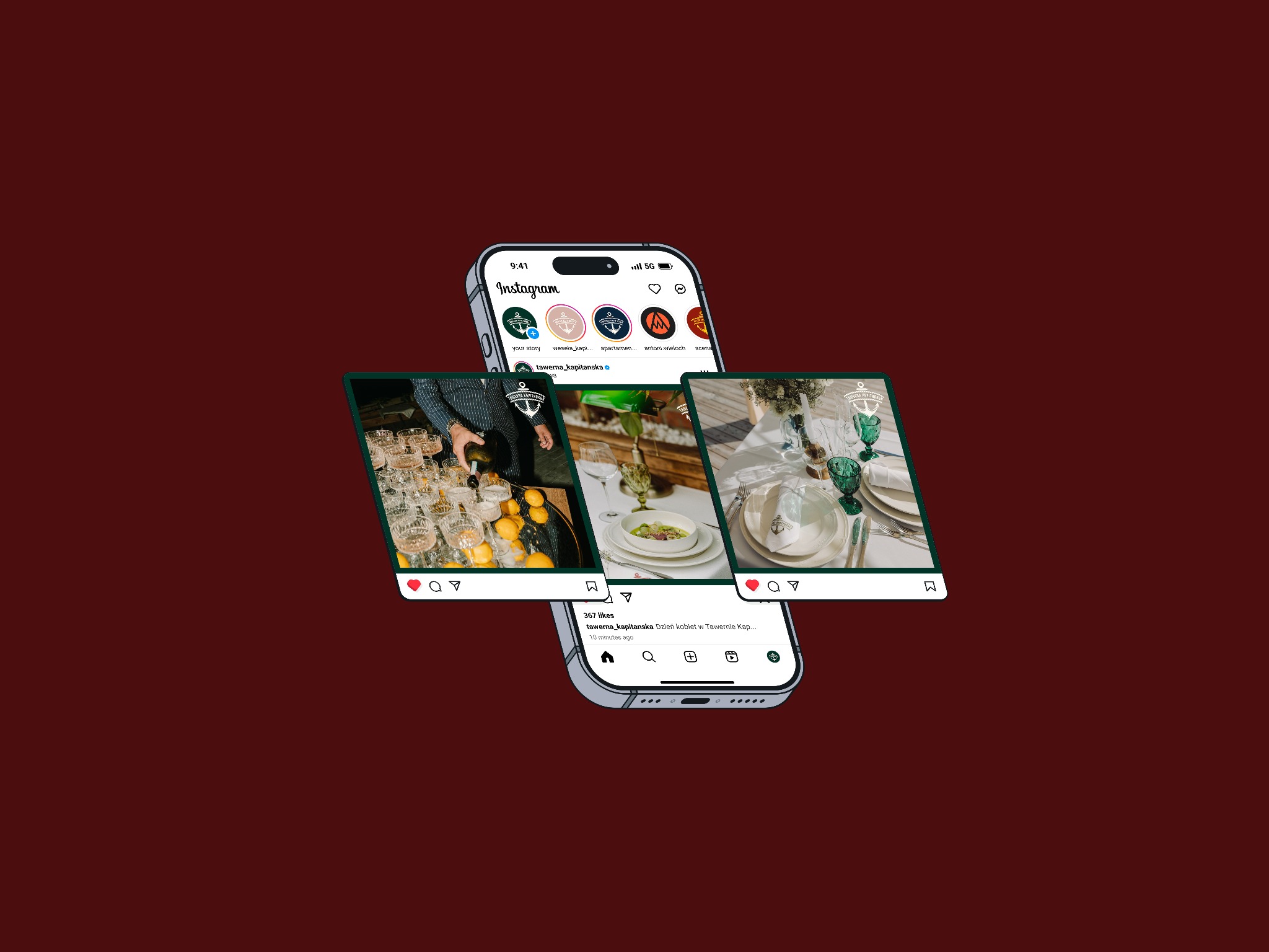 Telefon z otwartym profilem na Instagramie, prezentujący trzy zdjęcia z dekoracji stołów i przygotowań do wydarzenia w restauracji 'Tawerna Kapitańska'.