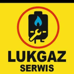 Żółte logo LUKGAZ SERWIS z ikoną kotła gazowego, płomieniem i kluczem francuskim w czerwonym okręgu. Prosty, czytelny znak graficzny.