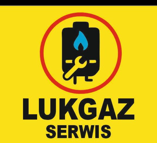 Żółte logo LUKGAZ SERWIS z ikoną kotła gazowego, płomieniem i kluczem francuskim w czerwonym okręgu. Prosty, czytelny znak graficzny.