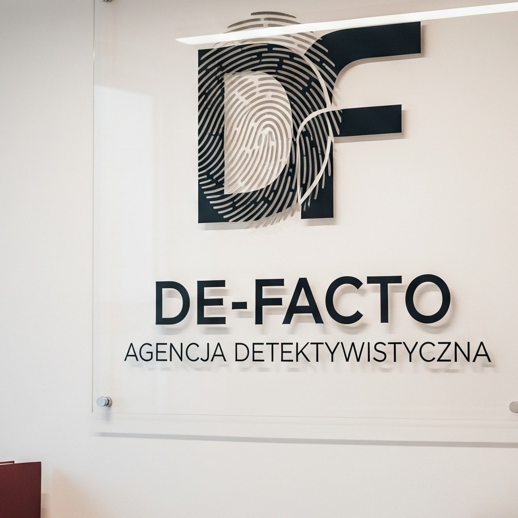 Logo Agencji Detektywistycznej De-Facto na białej ścianie, z motywem linii papilarnych wkomponowanym w literę 'F'. Elegancki i profesjonalny wizerunek firmy.