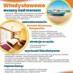 Oferta wczasów nad morzem we Władysławowie. Kolorowa grafika z łodzią rybacką na plaży, pokojem w ośrodku wczasowym i informacjami o atrakcjach oraz cenie.