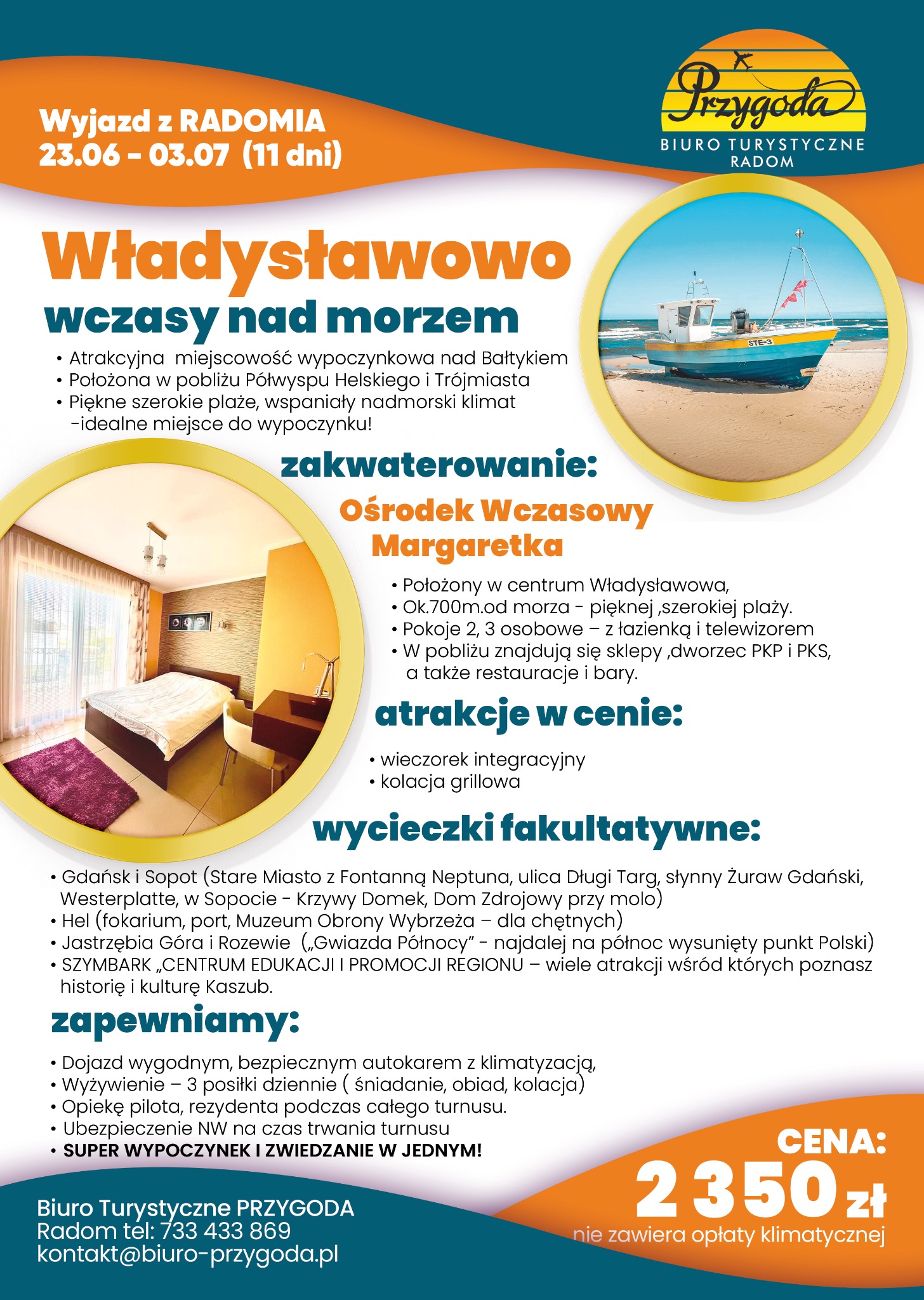 Oferta wczasów nad morzem we Władysławowie. Kolorowa grafika z łodzią rybacką na plaży, pokojem w ośrodku wczasowym i informacjami o atrakcjach oraz cenie.