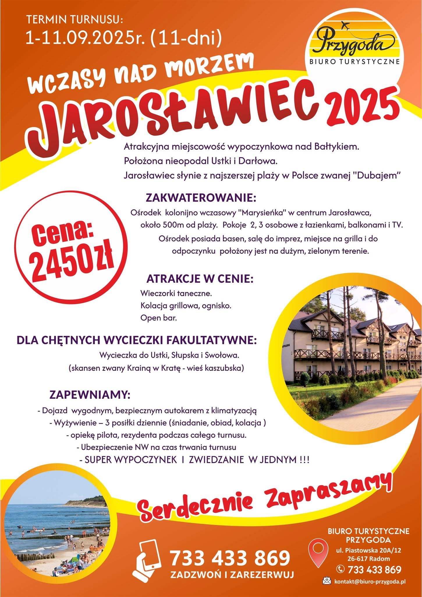 Plakat biura podróży 'Przygoda' z ofertą wczasów w Jarosławcu 2025. Cena 2450 zł. Atrakcje, zakwaterowanie, wycieczki fakultatywne, kontakt telefoniczny.
