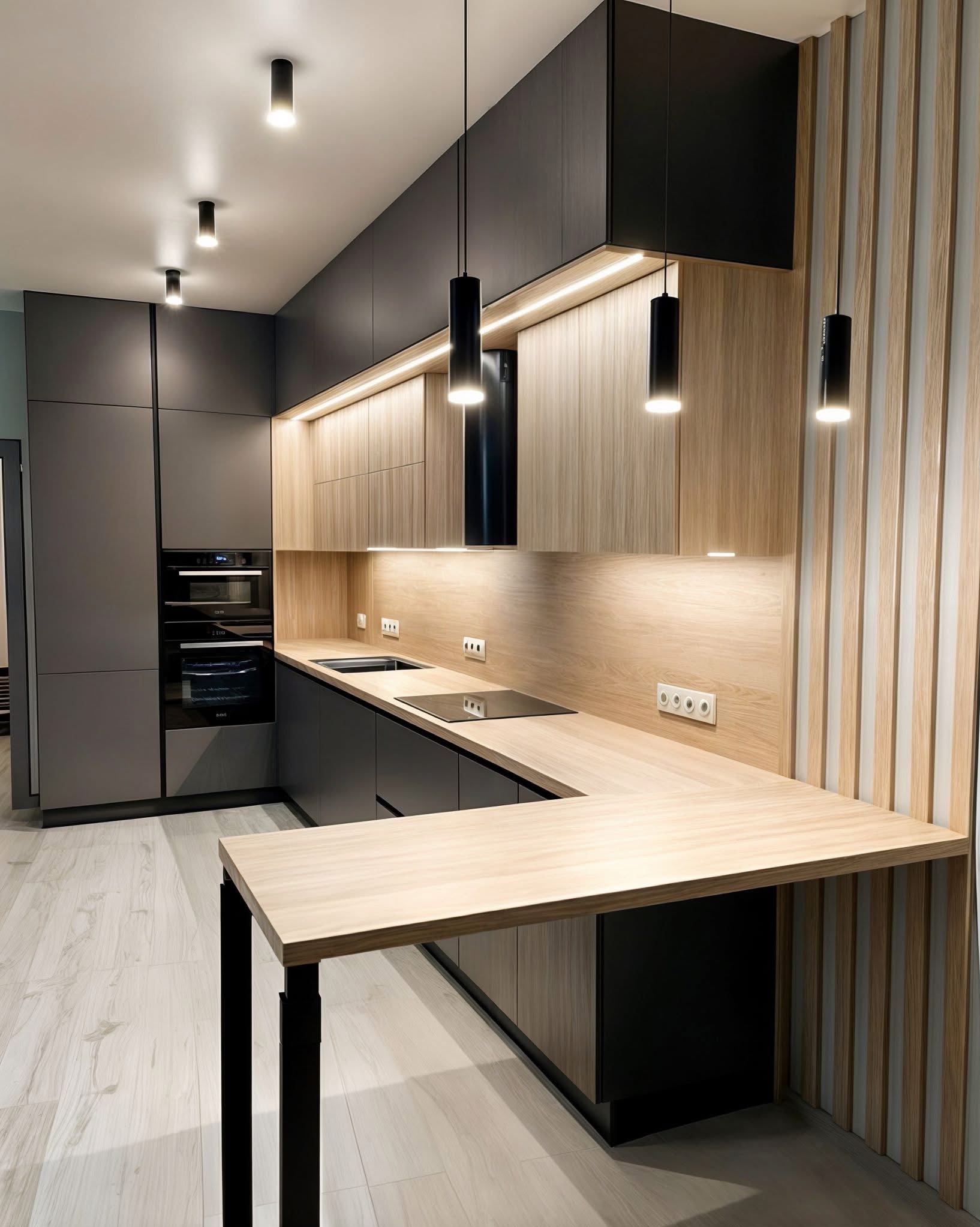Nowoczesna kuchnia na wymiar z drewnianymi frontami i czarnymi elementami, oświetleniem LED i wyspą z blatem w kształcie litery U.