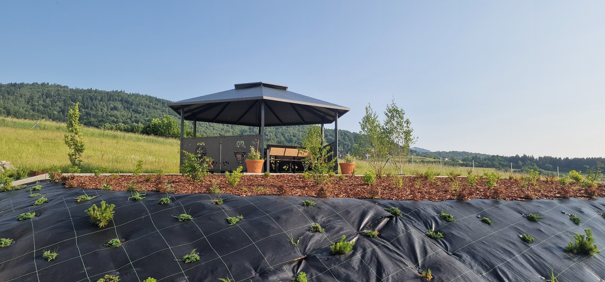 Metalowa pergola z ażurowymi ścianami i ławką wewnątrz, otoczona rabatą z korą i młodymi roślinami na tle zielonego wzgórza w słoneczny dzień.