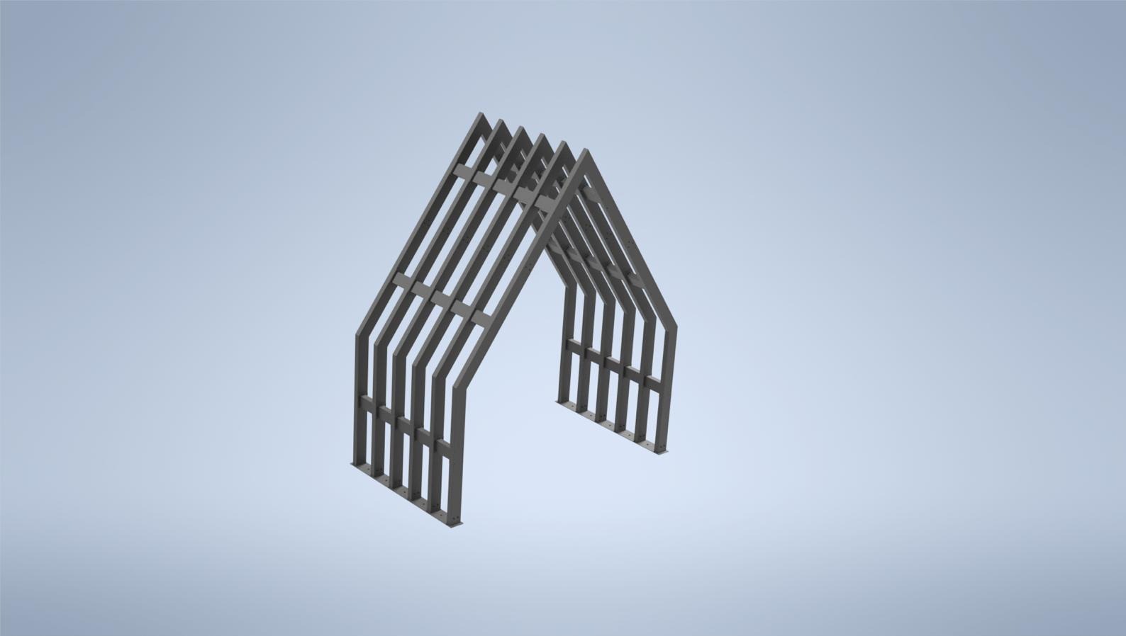 Metalowa konstrukcja szkieletowa z profili, przypominająca zarys domu, na jednolitym, jasnym tle. Widok z perspektywy lekko z dołu, geometria i symetria.