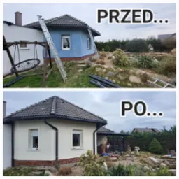 Dom przed ociepleniem (niebieski) i po (beżowy), widok z ogrodu, prezentacja efektu ocieplenia elewacji z nową kolorystyką, zieleń ogrodu.