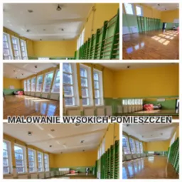 Wnętrze odnowionej sali gimnastycznej z żółtymi ścianami i drewnianą podłogą. Świeżo pomalowane ściany, okna i drabinki gimnastyczne.