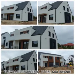 Kolaż zdjęć prezentujący nowoczesne, białe domy z ciemnymi dachami i elementami dekoracyjnymi w odcieniach drewna. Widoczne detale elewacji i otoczenie budynków.