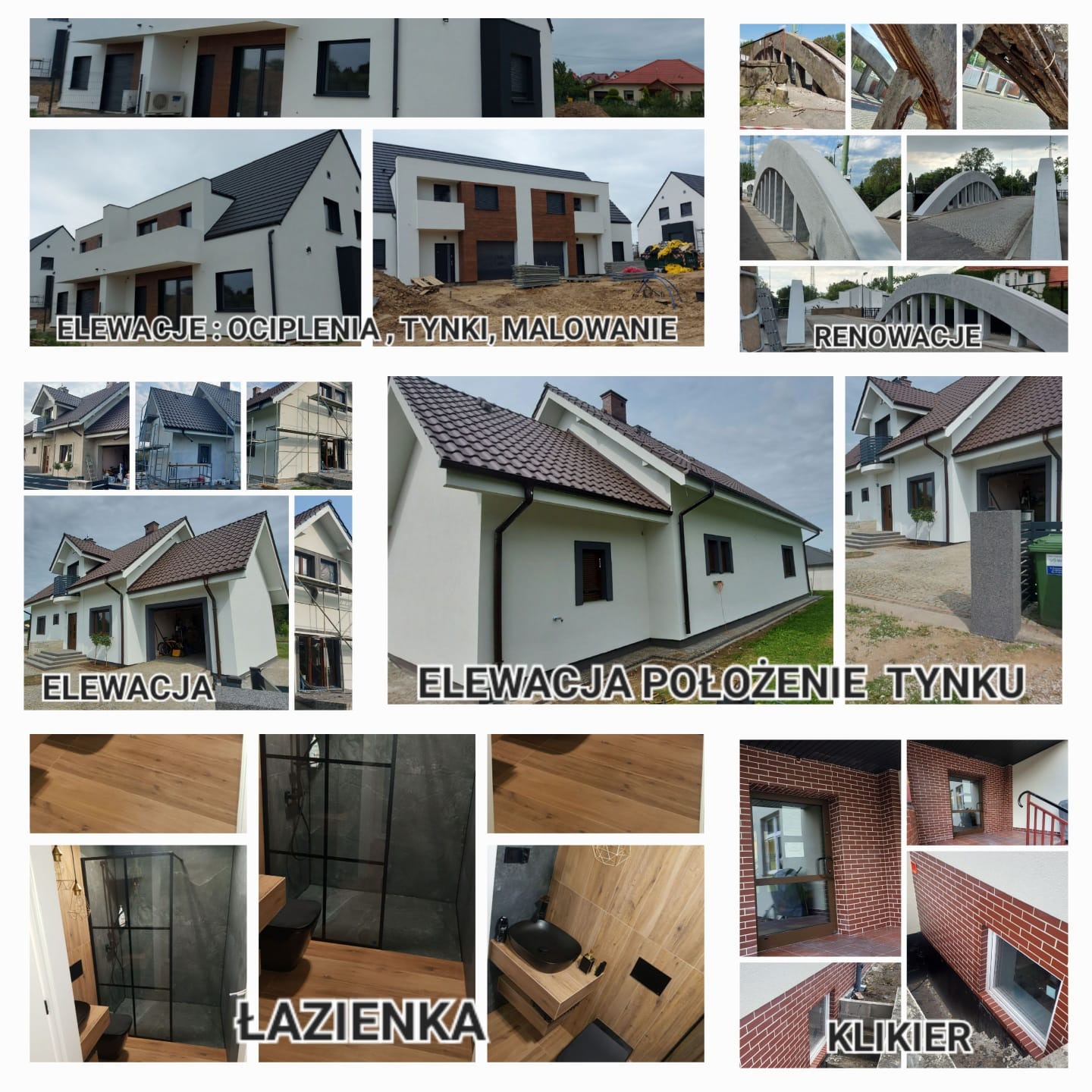 Kolaż zdjęć: nowoczesne elewacje domów, remont mostu, wykończona łazienka, elewacja z klinkieru. Różne style i etapy prac budowlanych.
