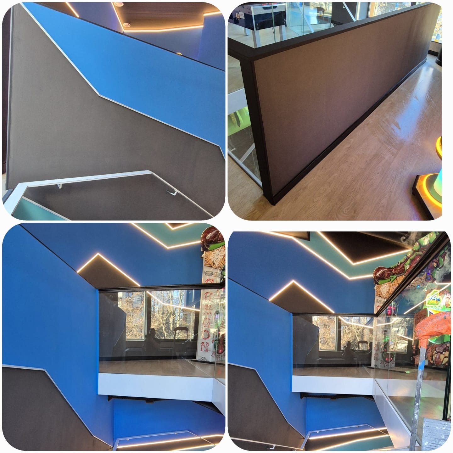 Nowoczesne wykończenie wnętrza z geometrycznym wzorem na ścianach w odcieniach szarości i błękitu, podkreślone liniowym oświetleniem LED. Widoczne szklane balustrady.