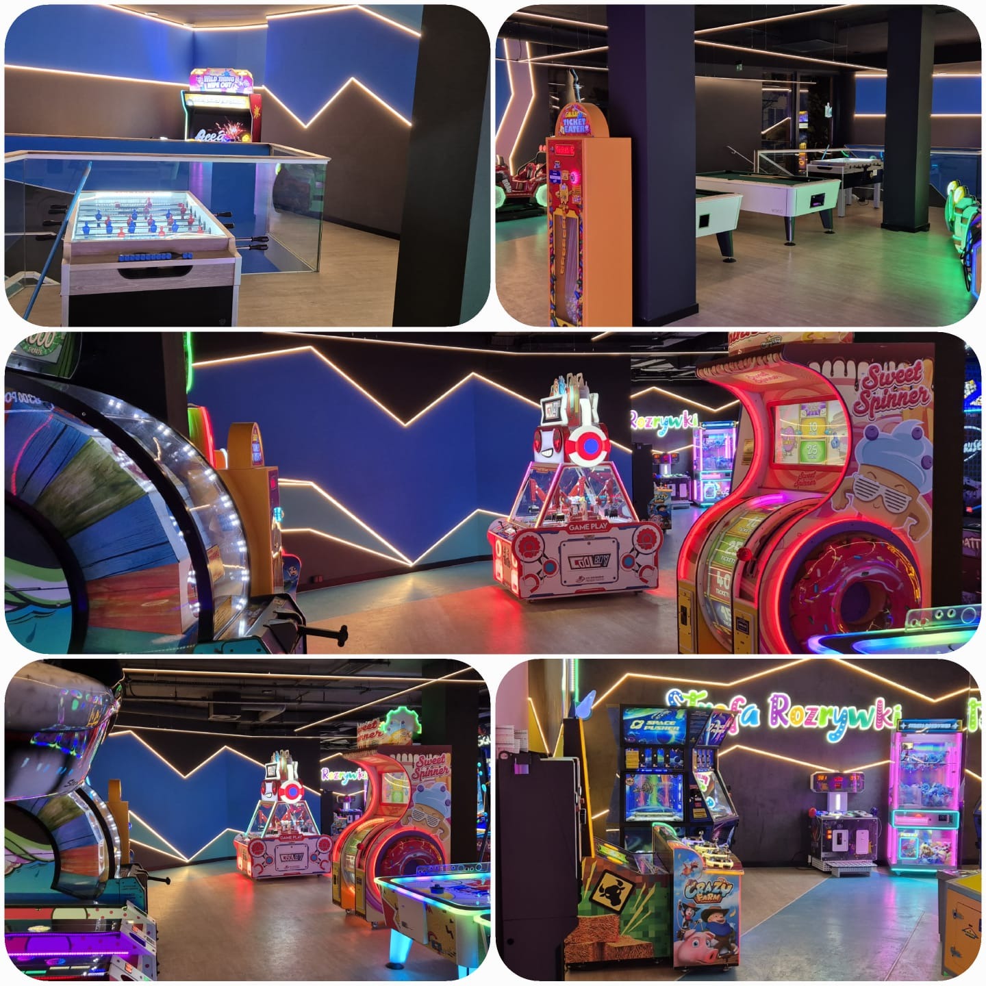 Jasne, nowoczesne wnętrze salonu gier z neonami i różnorodnymi automatami: piłkarzyki, bilard, maszyny zręcznościowe. Nowoczesny design, atrakcyjne oświetlenie.