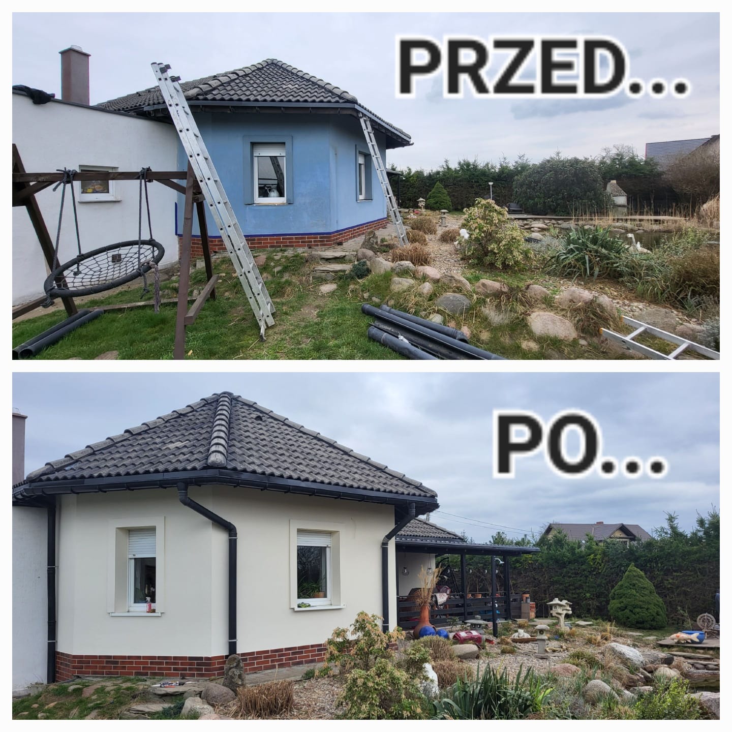 Dom przed ociepleniem (niebieski) i po (beżowy), widok z ogrodu, prezentacja efektu ocieplenia elewacji z nową kolorystyką, zieleń ogrodu.